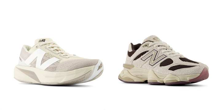 Side view of tan and brown New Balance sneakers.